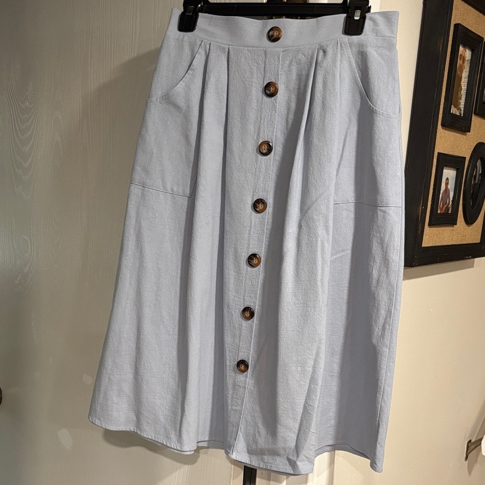 New With Tag  Elegant Sky Blue A-Line Skirt with Button Detail